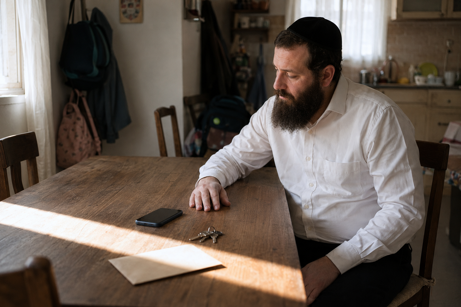 גבר חרדי יושב ליד שולחן משפחתי, ולפניו טלפון, מפתחות ומסמך שכירות