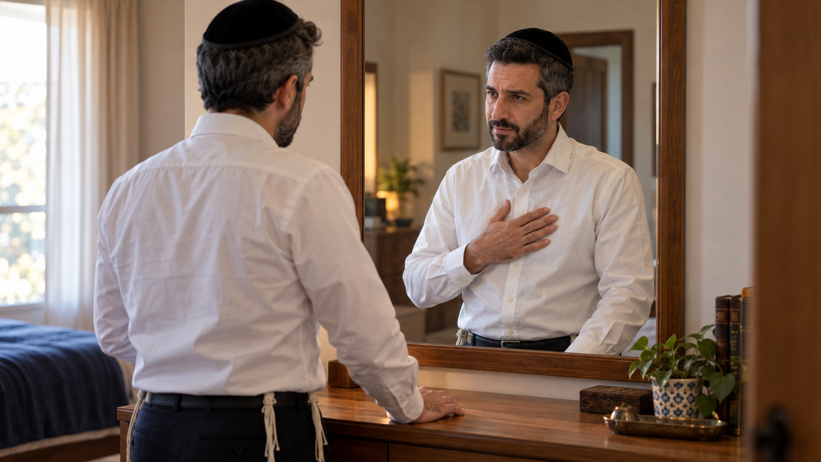גבר בחולצה לבנה וכיפה מתבונן בעצמו במראה כשידו מונחת בעדינות על החזה