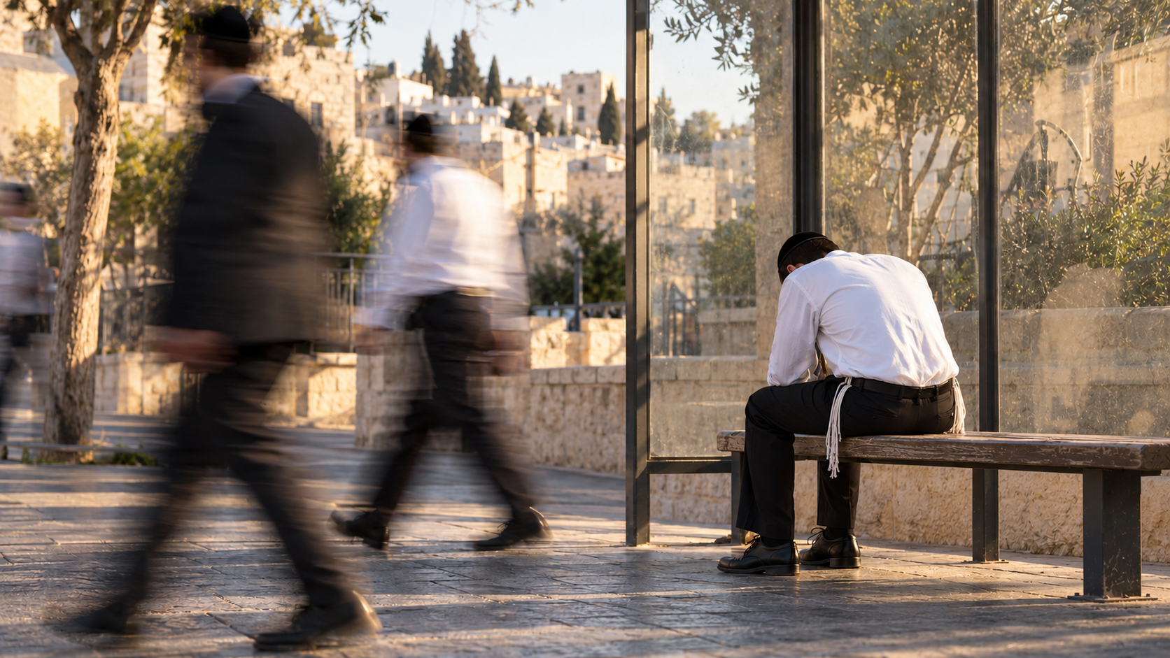 אדם יושב כפוף ודומם בתחנת אוטובוס, בעוד אנשים חולפים סביבו בטשטוש תנועה