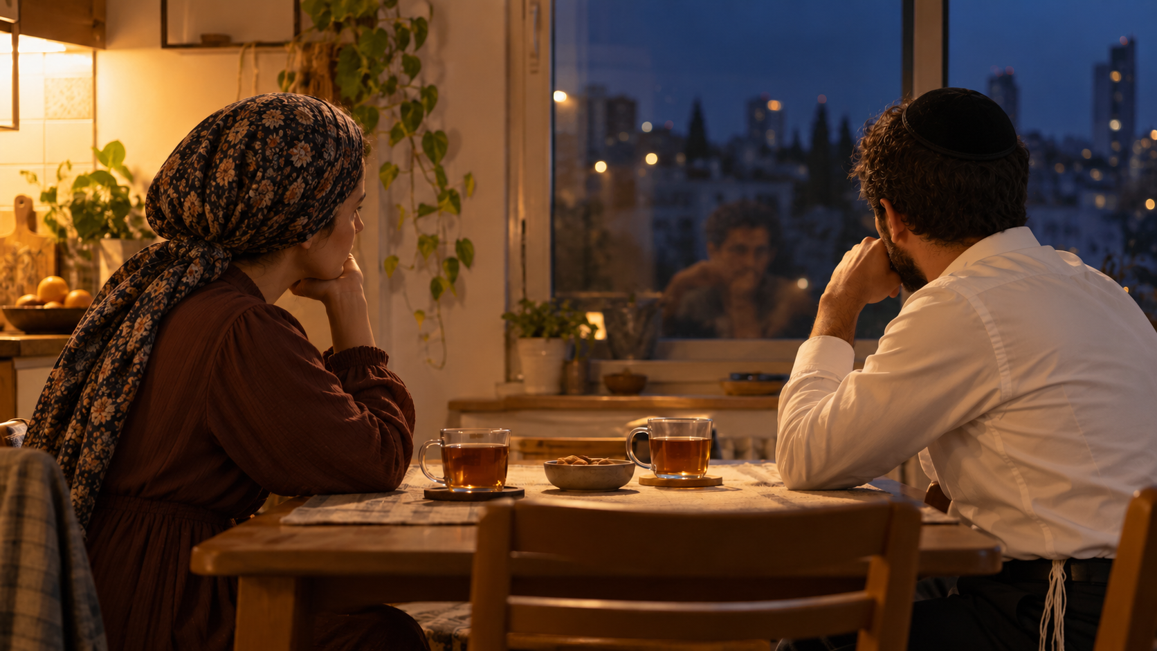 בני זוג יושבים ליד שולחן במטבח, ברגע של שיחה
